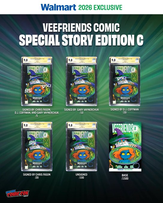 Walmart 2026 Exclusive promotional poster for 'VEEFRIENDS COMIC SPECIAL STORY EDITION C' graded 9.8, showing variants signed by Chris Fason, Gary Waynerchuk, D.J. Coffman, and unsigned/base editions from New York Comic Con.