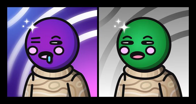 A side-by-side cartoon comparison showing two round-headed alien characters in spacesuits, one purple and drooling, the other green.
