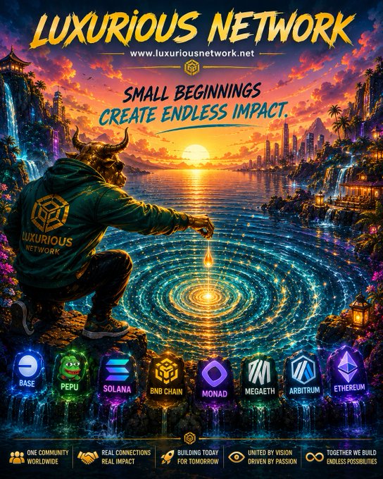 Vibrant promotional poster for 'LUXURIOUS NETWORK' (www.luxuriousnetwork.net) with the tagline 'SMALL BEGINNINGS CREATE ENDLESS IMPACT', depicting a figure dropping a glowing token into a spiral and displaying blockchain logos including Base, PEPU, Solana, BNB Chain, Monad, Megaeth, Arbitrum, and Ethereum.