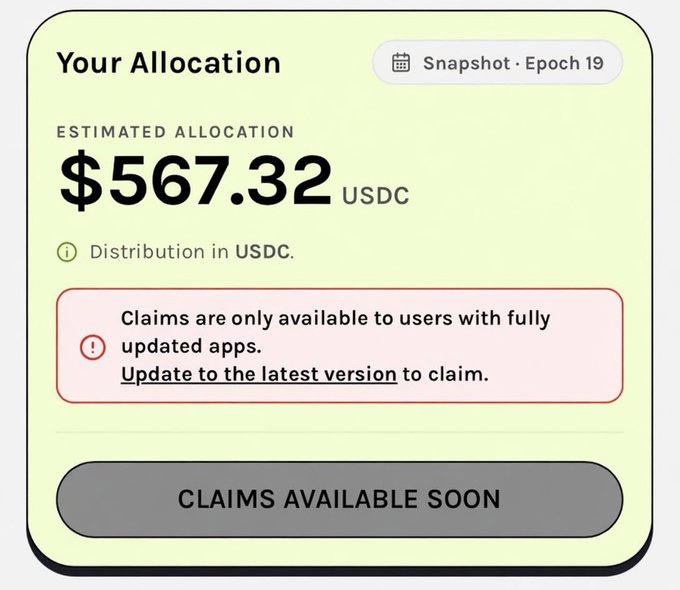 A screenshot showing a $567.32 USDC allocation from the Grass (GRASS) airdrop, Epoch 19, with a notice that claims require updating to the latest app version before they become available.