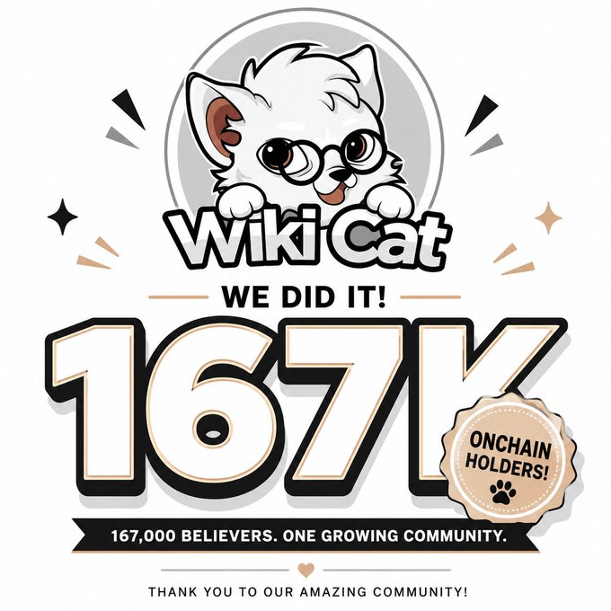 The image features a cartoon cat with glasses, surrounded by stars and confetti. The text "WIKI CAT" is written above the cat's head, while "16,7K" and "$WKC" are below the cat. The background of the image is white, which contrasts nicely with the black text and the cat's face. The overall layout suggests that this could be a promotional post for a company or event related to cats.