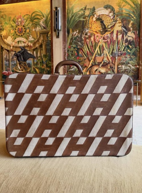 The image features a brown suitcase with a zigzag pattern, placed on a beige surface. The suitcase has a handle and appears to be made of leather or canvas material. In the background, there are two paintings depicting tropical scenes, which adds an artistic touch to the scene. The text "Day in the life $XRP" is also present in the image, possibly indicating that it's related to a travel-related blog or social media post about daily experiences and adventures.
