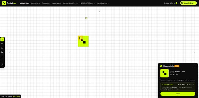 A screenshot of the Roblox Funk website's 'Map' page showing a minimalist grid with a single green block.