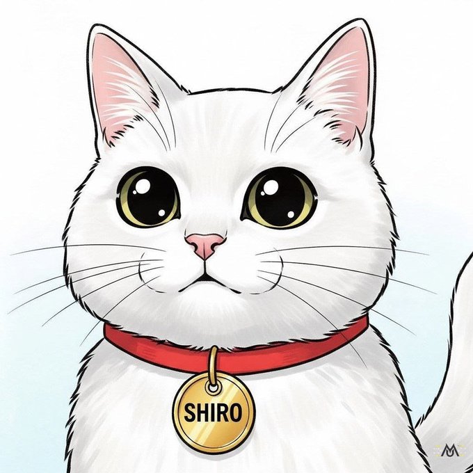 An illustrated white cat with large golden eyes wearing a red collar with a gold tag that reads 'SHIRO'.