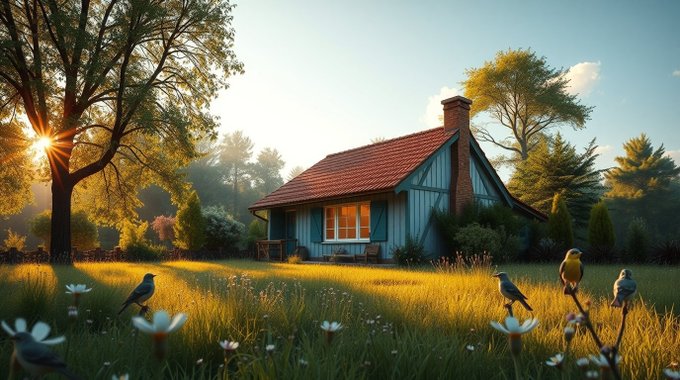 A serene digital illustration of a blue wooden cottage with a red roof in a sunlit meadow, featuring trees and birds perched in the golden-hour lighting.
