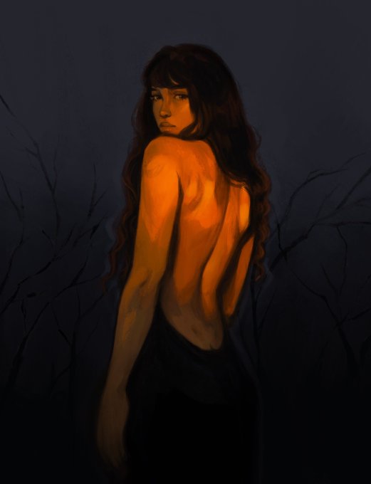 A digital painting of a woman with long dark hair, illuminated by a warm orange glow from behind, standing in a dark, bare landscape.