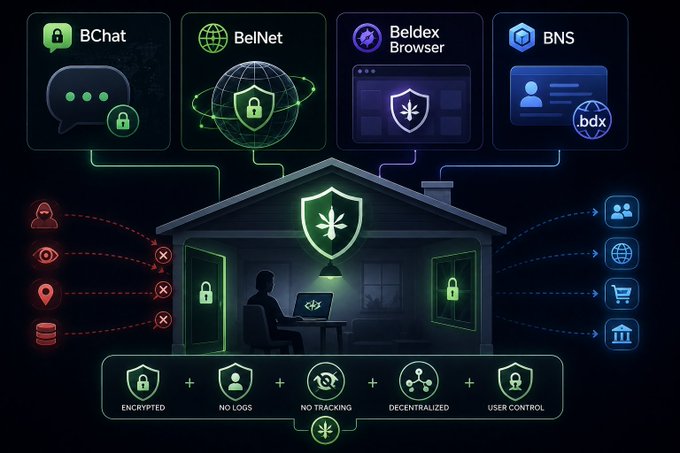 An infographic illustrating Beldex's privacy ecosystem featuring BChat, BelNet, Beldex Browser, and BNS, highlighting features like encryption, no logs, no tracking, decentralization, and user control.