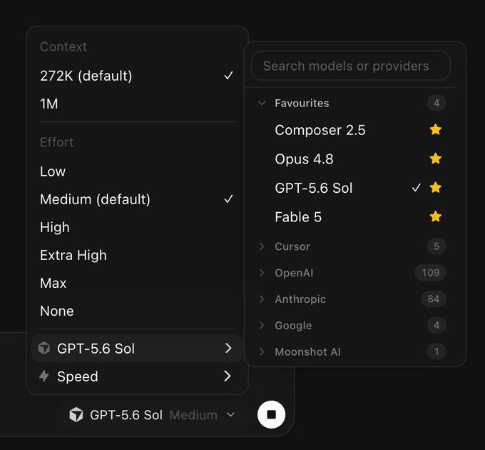 A model selection interface showing GPT-5.6 Sol selected with Medium effort, 272K context window, and a favorites list including Composer 2.5, Opus 4.8, GPT-5.6 Sol, and Fable 5.