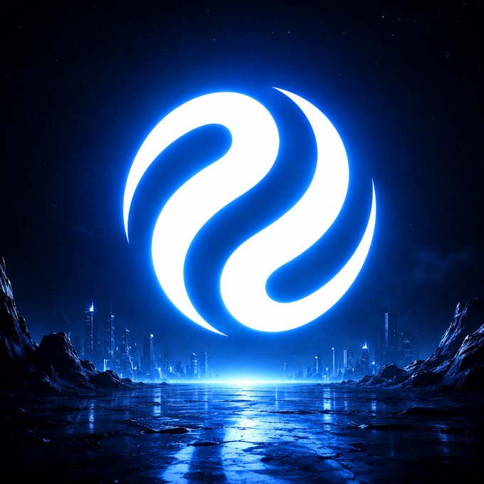 A glowing white circular logo with a swirling blue interior design hovers over a futuristic cityscape at night, reflecting on a wet surface below. The image visually represents the Injective ($INJ) project mentioned in the post, with its luminous emblem symbolizing the team's vision of transforming the financial world through crypto innovation.