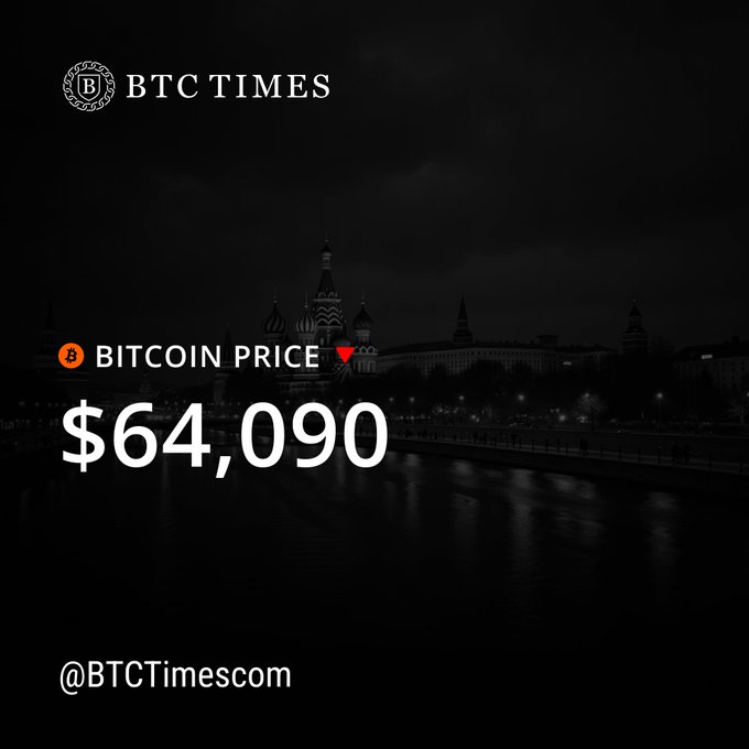 A BTC Times graphic showing Bitcoin price at $64,090 with a red downward indicator, set against a darkened image of Moscow's skyline and river, with @BTCTimescom at the bottom.