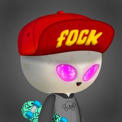 A cartoon character with a white head, large pink glowing eyes, and a gray shirt holds a stack of glowing cyan cubes. They wear a red beret with the yellow text "FOCK" on it.