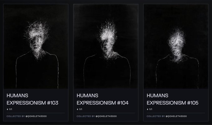 A triptych of dark NFT artworks labeled 'HUMANS EXPRESSIONISM #103', '#104', and '#105', each depicting an abstract face made of white glowing particles on a black background, all marked '1/1' and 'COLLECTED BY @OOHELETH5000'.