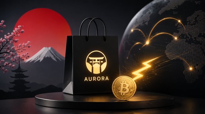 A 3D promotional graphic features a black shopping bag labeled 'AURORA' next to a glowing gold Bitcoin coin, set against a backdrop of Mount Fuji, cherry blossoms, and a digital globe.