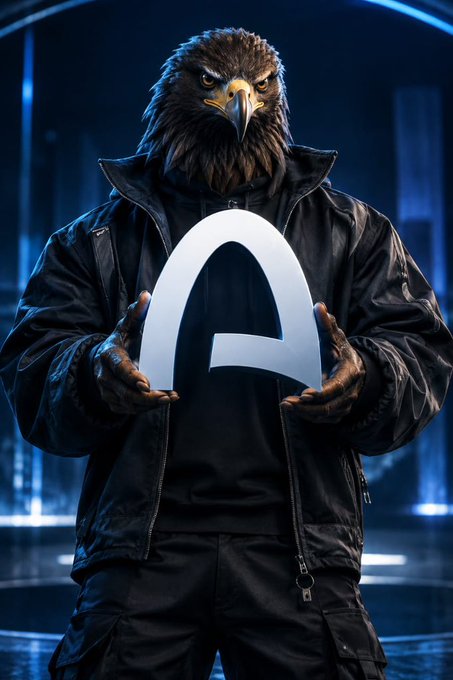 A humanoid character with a realistic eagle head, wearing a black jacket and tactical gear, holds a large white letter 'A' in a dark, futuristic setting.