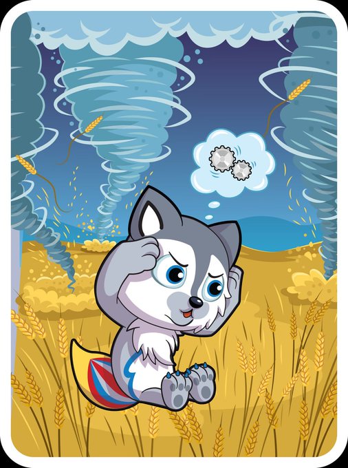 A cartoon husky sits in a wheat field, paws covering its ears as it braces against a powerful tornado, with two gear symbols floating in a thought bubble above its head. The whimsical character visualizes the post's message of weathering life's storms with creative strategy and whimsy to keep moving forward.