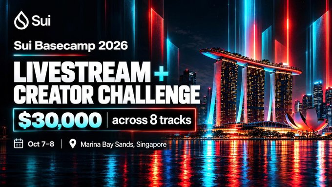 A promotional graphic for 'Sui Basecamp 2026' advertising a 'LIVESTREAM + CREATOR CHALLENGE' with '$30,000 across 8 tracks' at Marina Bay Sands, Singapore on Oct 7-8.