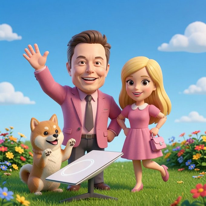 The image shows a 3D animated scene featuring a smiling man waving, a blonde woman holding a pink purse, and a Shiba Inu dog gathered around a Starlink satellite dish in a vibrant flower-filled meadow. The caption connects to the post by visually illustrating the Starlink internet service referenced, which is being paralleled to how the $BDEM token brings connectivity and vibes throughout the metaverse.