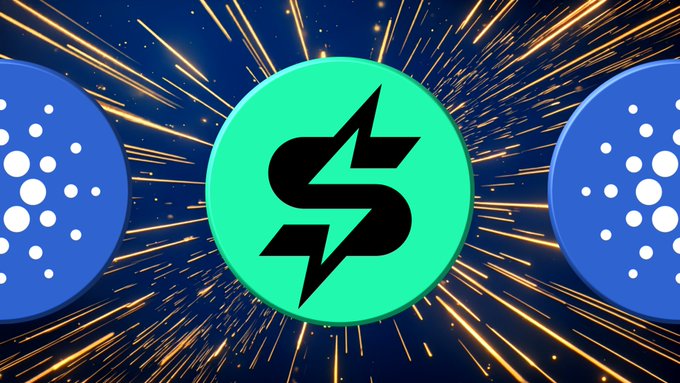 A turquoise circle with a black stylized lightning bolt "S" logo sits centered between two blue circles featuring the Cardano (ADA) logo, set against a dark background bursting with golden light streaks. The image visually represents Strike Finance's association with Cardano, symbolizing its goal of reaching a billion-dollar market cap by funneling earnings back to its holders.