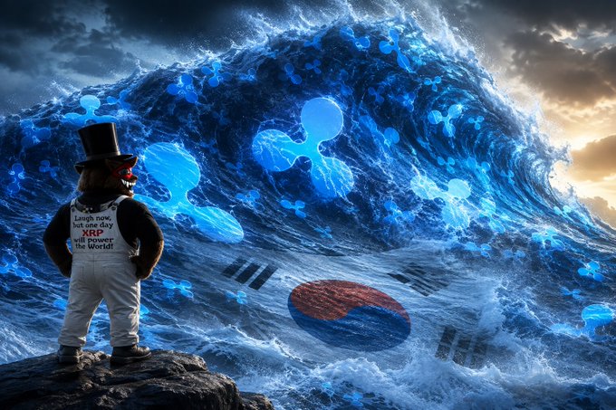 A digital artwork showing a bear in a top hat and overalls (with text "Laugh now but one day XRP will conquer the World!") standing on a rock, facing a massive blue wave containing glowing Ripple (XRP) logos and a South Korean flag, symbolizing XRP conquering the market.