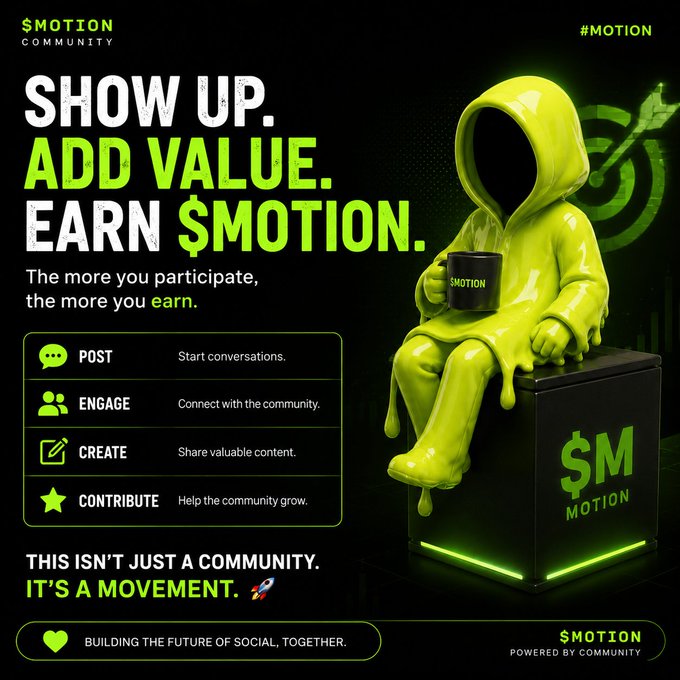 A promotional graphic for '$MOTION COMMUNITY' featuring a glossy green hooded figure holding a coffee mug, with text promoting earning through posting, engaging, creating, and contributing to the community.