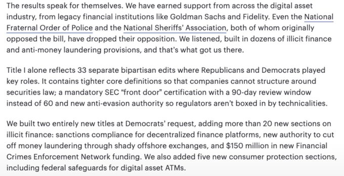 The image shows an excerpt from a statement about the CLARITY Act, highlighting support from major institutions like Goldman Sachs and Fidelity, and noting that the National Fraternal Order of Police and National Sheriffs' Association have dropped their opposition.

Key details include 33 bipartisan Title I revisions, a mandatory SEC "front door" certification with a 90-day review window, more than 20 new sections on illicit finance and anti-money laundering, and $150 million in new Financial Crimes Enforcement Network (FinCEN) funding, along with five new consumer protection sections including safeguards for digital asset ATMs.
