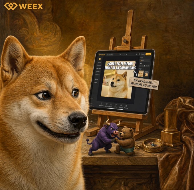A WEEX promotional image featuring a Shiba Inu dog, a tablet displaying the platform's interface with Spanish text asking '¿Cuál es el mejor meme de la comunidad?' and a speech bubble reading 'En realidad... mi meme es mejor.', alongside bull and bear figurines and a compass.