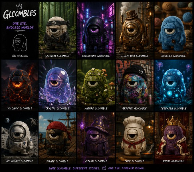 A promotional image for 'Glcombles' featuring a grid of 15 one-eyed monster characters in various styles including Samurai, Cyberpunk, Steampunk, Volcanic, Wizard, and Royal Gloombles, with the tagline 'One Eye. Endless Worlds.'