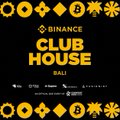 A promotional graphic for 'Binance Club House Bali' featuring Binance logos and cryptocurrency icons in gold on a black background.
