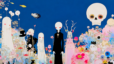 An illustrated artwork with a blue background depicts pale figures and a large skull amidst a vibrant array of flowers and colorful creatures.