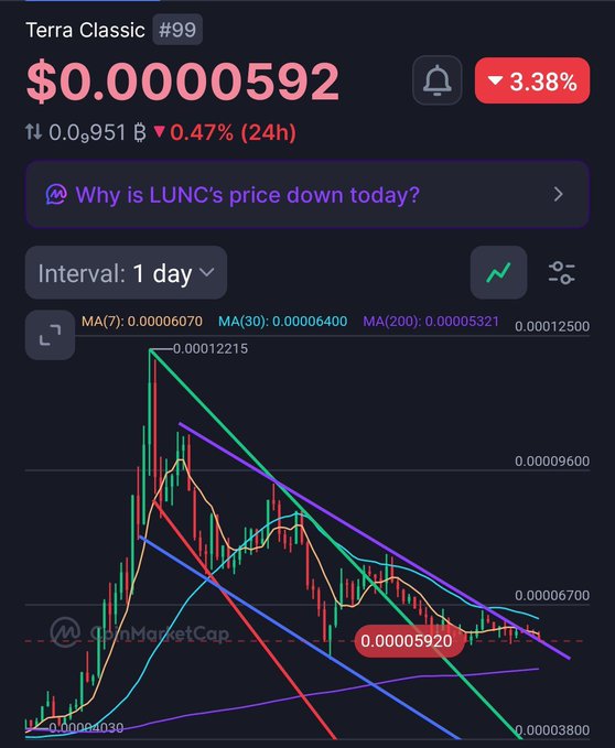 A cryptocurrency price chart from OnchainMarketCap displaying Terra Classic (LUNC) at $0.0000592, showing a 3.38% decline and 0.47% drop over 24h, with a 1-day interval candlestick chart and moving averages.