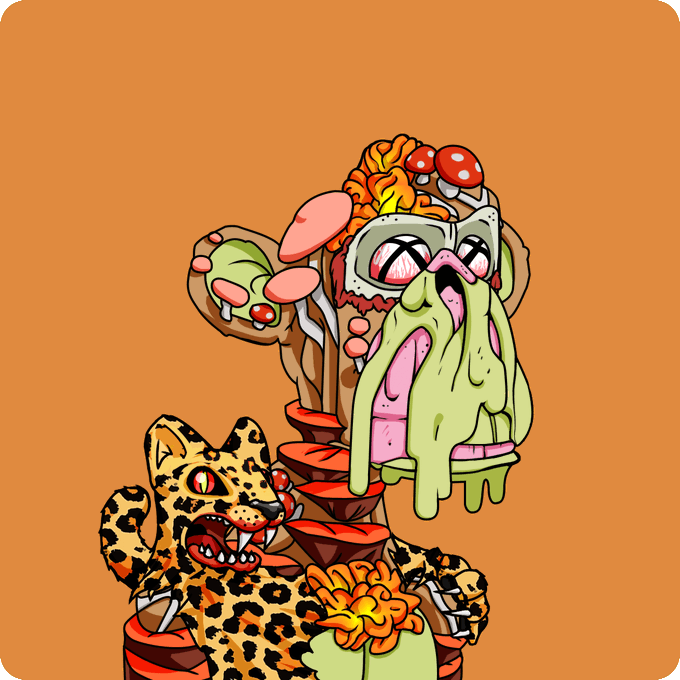 A colorful cartoon illustration on an orange background featuring a snarling leopard and a melting green zombie-like figure wearing sunglasses, surrounded by mushrooms and flowers.