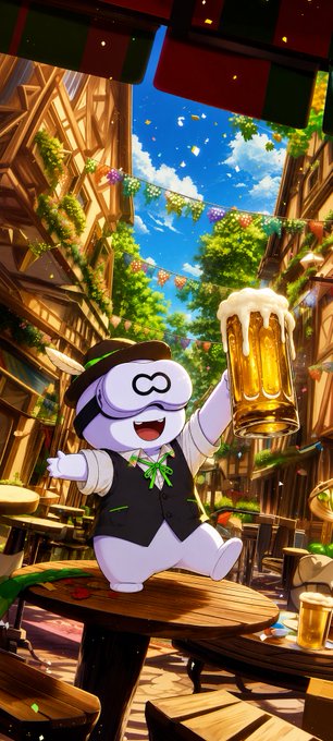 A cartoon character in Bavarian attire joyfully holds a large mug of beer while standing on a table in an outdoor festival setting.