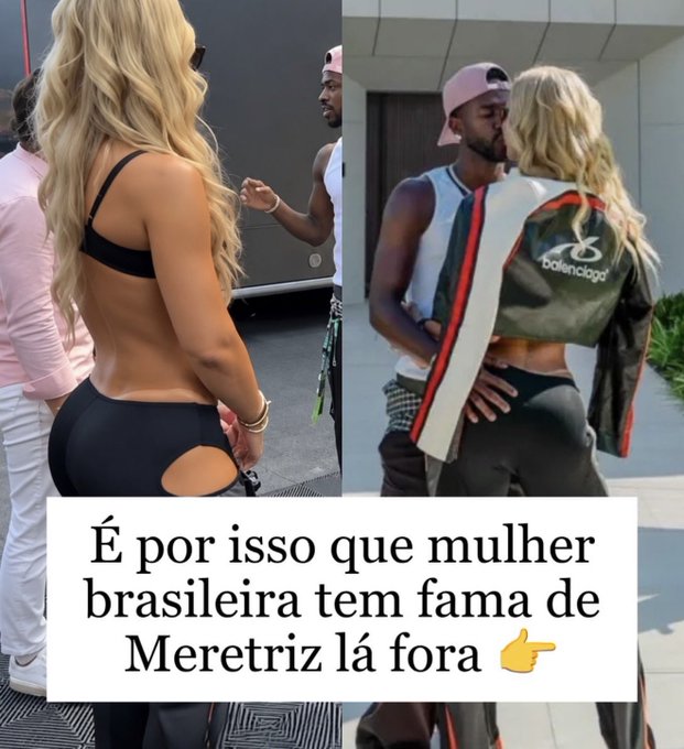 The image is a split-screen showing a blonde woman in revealing outfits interacting closely with a man wearing a pink cap, with the text "É por isso que mulher brasileira tem fama de Meretriz lá fora 👉" (translating to "That's why Brazilian women have a reputation as prostitutes abroad"). This relates to the caption about secondhand embarrassment, as the post appears to shame the woman's public behavior and dress choices, suggesting embarrassment on behalf of her father for the perceived negative stereotype being reinforced.