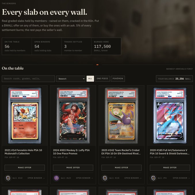 Screenshot of "The Binders" trading platform homepage showing stats (56 slabs, 54 open binders, 3 trades settled, 117,500 $WALL burned) and an "On the table" marketplace displaying PSA-graded slabs including a 2021 #14 Fennekin-Holo PSA 10, 2024 #003 Monkey D. Luffy PSA 10, 2025 #242 Team Rocket's Crobat EX PSA 10, and 2020 #185 Full Art/Salamence V PSA 10, each with a "MAKE OFFER" option for escrow-based trading.