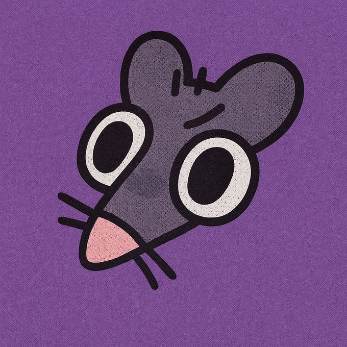 A cartoon illustration of a dark gray mouse with large round eyes and a pink nose, shown against a purple background.