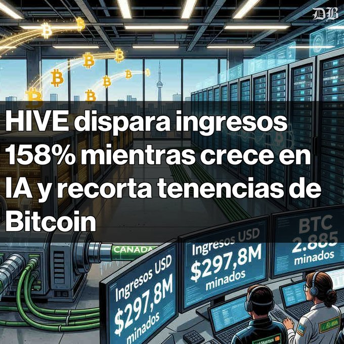 The image features an office setting with multiple computers placed around the room. At the center of the scene is a person working at one of the computers. The image also contains text that translates to "Hive reporta ingresos de US $297,8 millones en su año fisico profesional 2016. Producción del Bitcoin se dispara a 2.885 BTC, más del doble en comparación con 2025. Sin embargo, reduce sus tenencias de BTC a 150BTC, cayendo en el ranking".