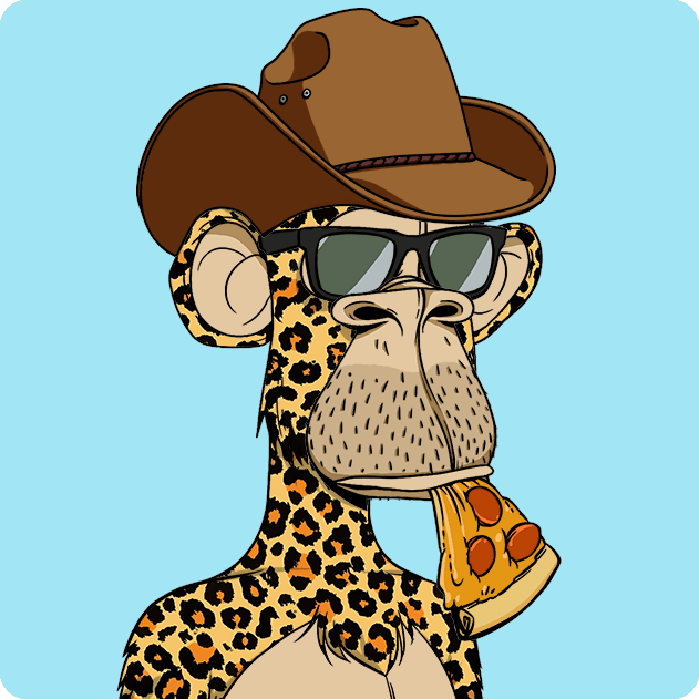 The image features a cartoon monkey holding a slice of pizza with one hand while wearing sunglasses, a cowboy hat, and glasses. The background appears to be blue or light green in color. There are no other objects in the image besides the monkey and the pizza. The post is titled "Ape #7653" which refers to an item that has been purchased for 27.5 ETH from an unknown seller on the Ethereum blockchain.