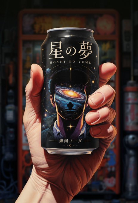 A hand holding a black beverage can labeled '星の夢 HOSHI NO YUME' featuring cosmic artwork of a face with a galaxy for an eye, with '銀河ソーダ' (Galaxy Soda) written at the bottom, set against an urban Japanese backdrop.