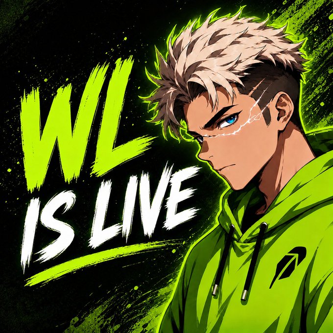 An anime-style illustration of a white-haired character in a neon green hoodie with the bold text 'WL IS LIVE' on a dark background.