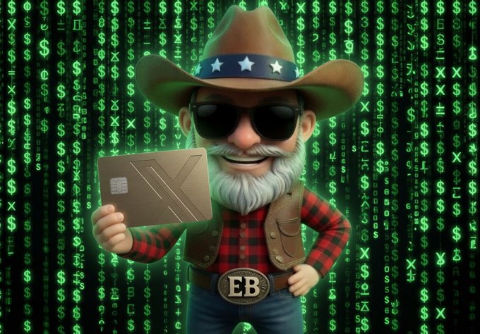A 3D-rendered cartoon cowboy character wearing sunglasses, a star-spangled hat, and a belt buckle with 'EB' on it, holding a gold card with an 'X' design against a green background filled with cascading dollar signs and 'X' symbols reminiscent of digital currency.