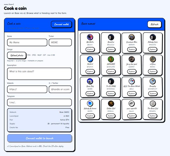 An interface titled 'Cook a coin' for launching meme tokens via a 'Base' network, featuring input fields for name, ticker, image, and description, alongside a 'Base memes' grid showing tokens like 'Wo Balls,' 'BaseCat,' and 'Coinbase Man.'