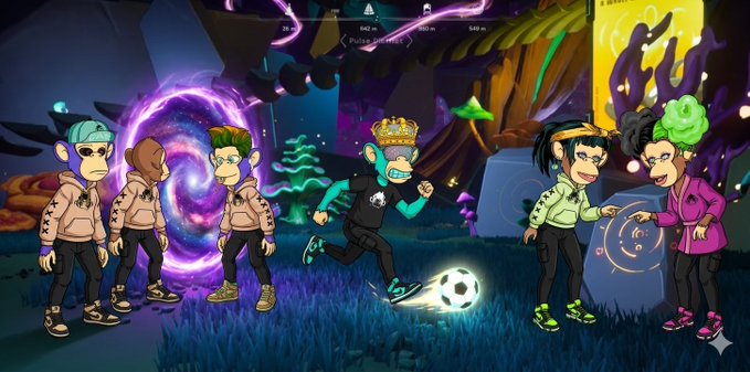 A cartoon illustration depicts several stylized characters in a fantasy scene with a glowing purple portal, including one with a soccer ball and others in colorful streetwear.