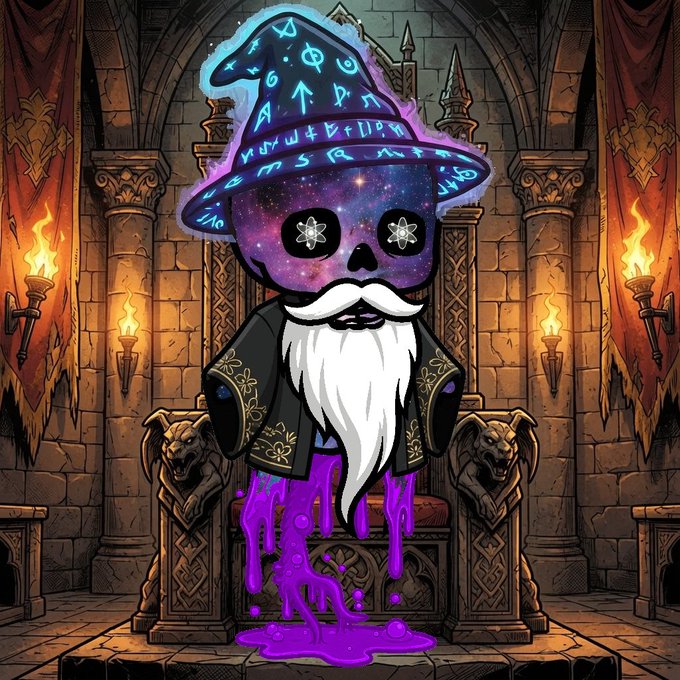 The image depicts a skeletal figure wearing a wizard's hat and robe, with a galaxy-themed face and white beard, seated on an ornate stone throne in a torch-lit gothic hall. The hat is adorned with glowing blue runic symbols, while vibrant purple liquid drips and pools around the throne, evoking a mystical "Re-Animated" wizard aesthetic fitting the Wizzy Wednesday post.