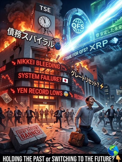 An AI-generated dramatic scene depicts financial chaos with burning buildings displaying text like 'NIKKEI BLEEDING', 'SYSTEM FAILURE', 'YEN RECORD LOWS', '債務スパイラル', 'TIME FOR QFS? XRP', and a sign reading 'DEBT SYSTEM BANNED', with the caption 'HOLDING THE PAST or SWITCHING TO THE FUTURE?'