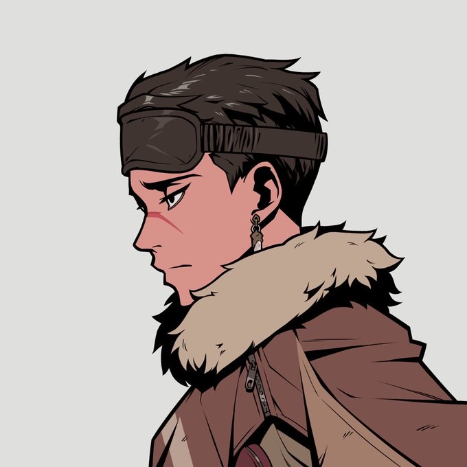 An illustrated character in profile view wearing aviator goggles pushed up on dark hair, a fur-collared brown coat, and an earring, with a red mark across the cheek.