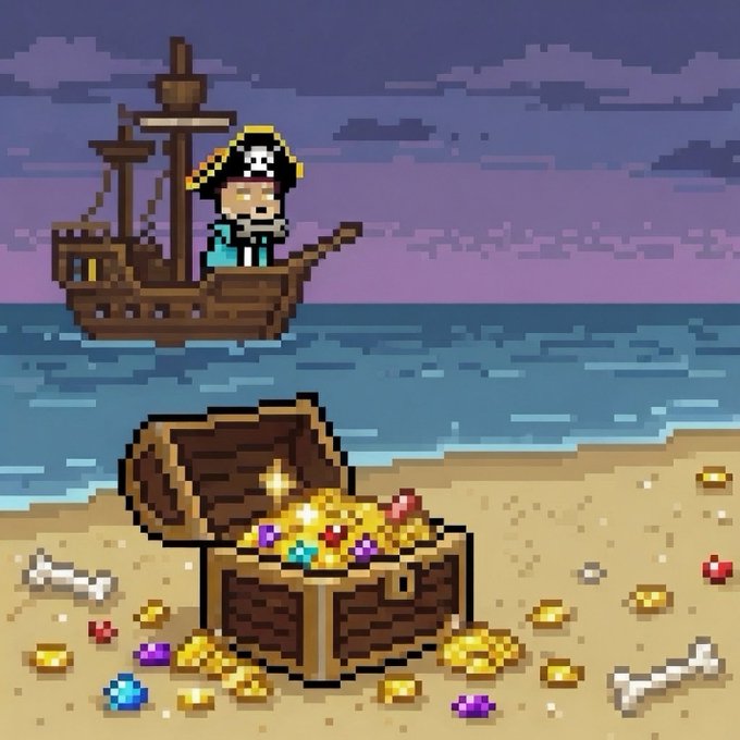 Pixel art of a pirate captain on a wooden ship at sea, with an open treasure chest overflowing with gold and jewels on the beach in the foreground.