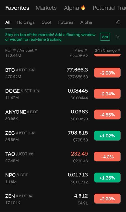 The image shows a cryptocurrency favorites list displaying various pairs with their prices and 24-hour changes, including ZEC/USDT at $798.615 (+1.02%) and NPC/USDT at $0.01713 (+1.36%)—the two highlighted tickers in the post—among others like BTC, DOGE, ANYONE, TAO, and ZEN, which appear mostly in the red.