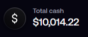 A screenshot displays a cash balance widget showing "Total cash" of $10,014.22, aligning with the post's mention of restarting from $10,000 after transferring balances into vaults.