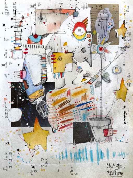 The image features a painting with various elements, including a cup of coffee, a star, and other objects such as a robot and a person. The painting also includes numbers and letters scattered throughout the scene. The artist's signature can be seen at the bottom right corner of the artwork. The post reads "GM ‘Still Assembling 2 ed available in OBJKT".