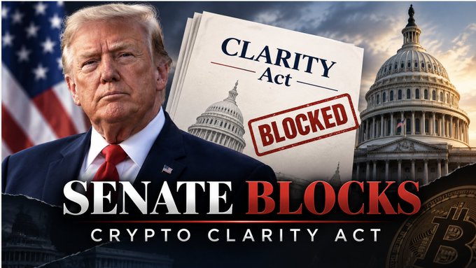 A news graphic featuring Donald Trump alongside a 'CLARITY Act' document stamped 'BLOCKED,' with the U.S. Capitol in the background and text reading 'SENATE BLOCKS CRYPTO CLARITY ACT.'